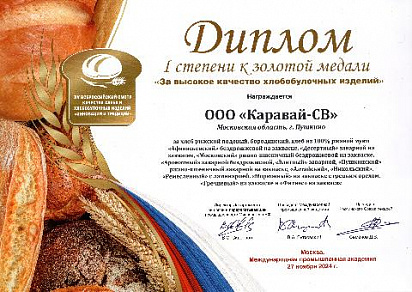 Диплом I степени к золотой медали на всероссийском конкурсе "Инновации и традиции - 2024"