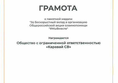 Грамота к медали за бескорыстный вклад в организацию Общероссийской акции взаимопомощи "#МыВместе" от президента РФ
