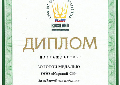 Диплом Золотая Медаль за "Плетёные изделия" на выставке "Зеленая неделя" 2013